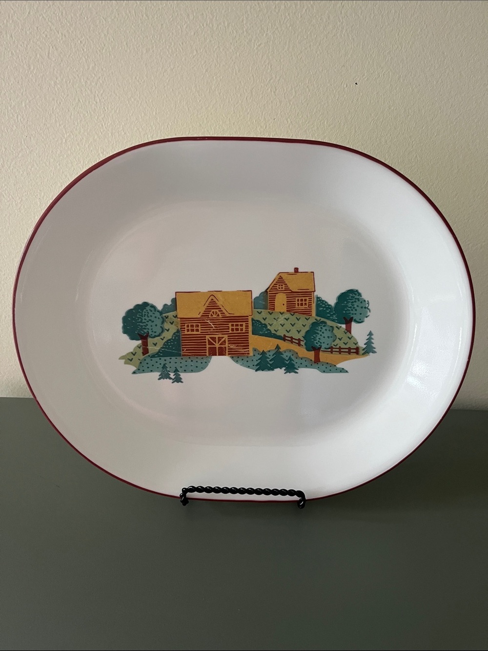 Vintage Corelle Landscape Pattern Serving Platter with Log Cabin and Barn Scene